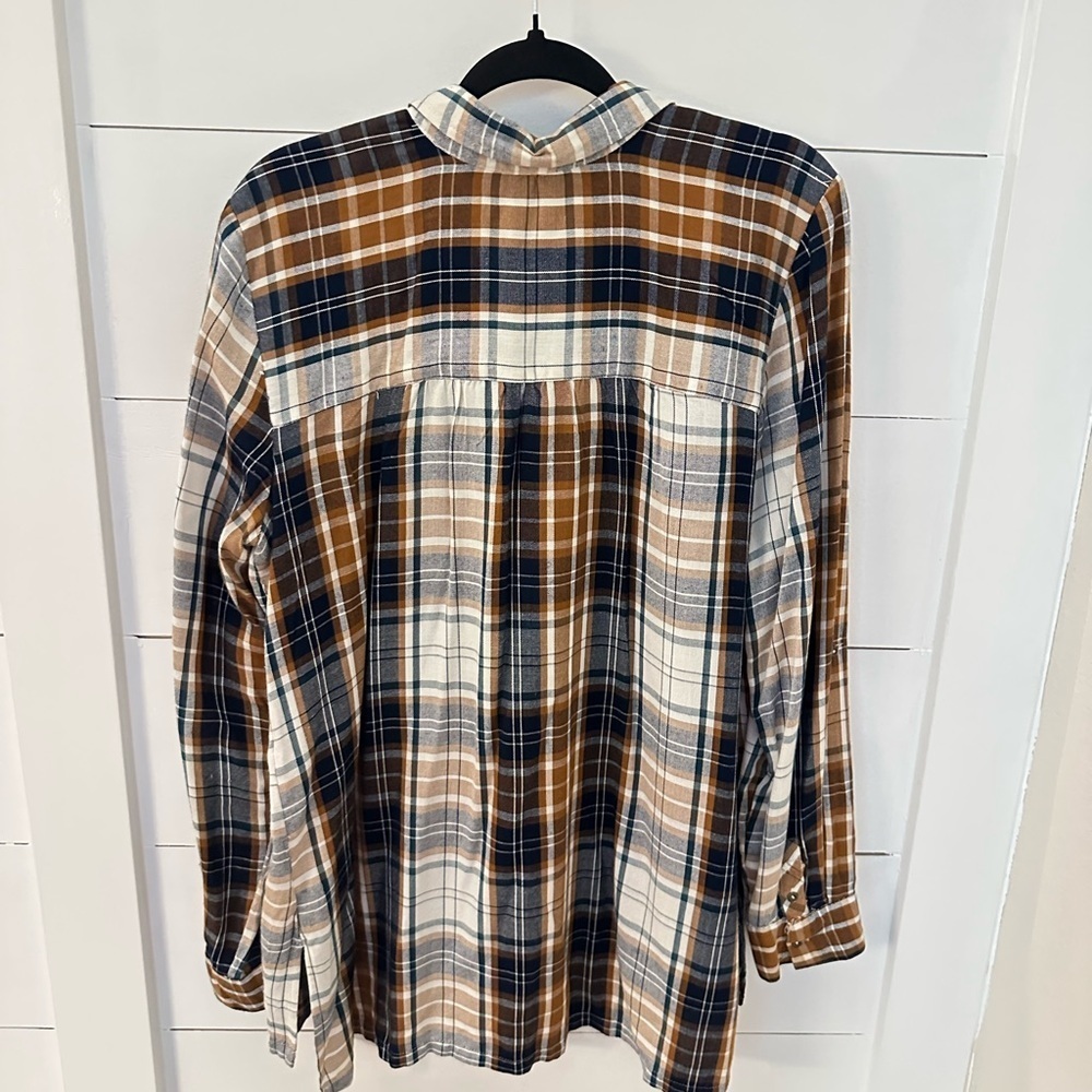 CAFE MARRAKESH S Brown plaid woman 1/2 button long sleeve rayon flannel - Picture 2 of 12